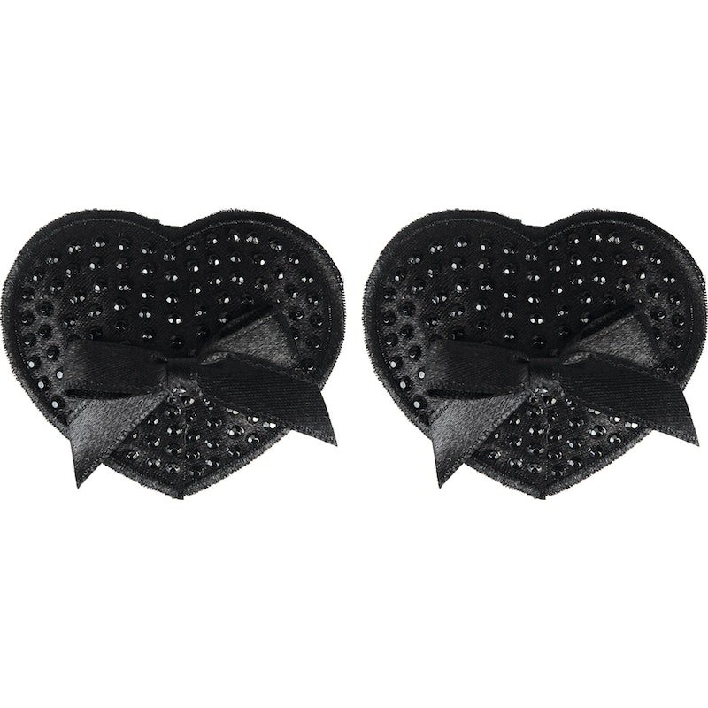 Black Satin Heart Pasties w Black Stone and Bow